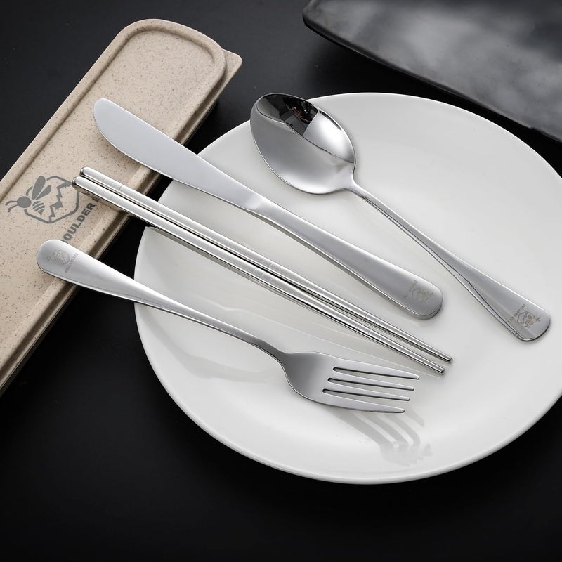 Boulder Bee Travel Utensils Set | Reusable Camping Cutlery Set | Stainless Steel Flatware Set | Portable Silverware Set with Case | Includes Knife/Fork/Spoon/Chopsticks/Cleaning Cloth/Case (Sliver) - Image 3